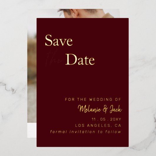 Burgundy Simple Calligraphy Photo Save the Date Folie Uitnodiging (Voorkant / Achterkant)
