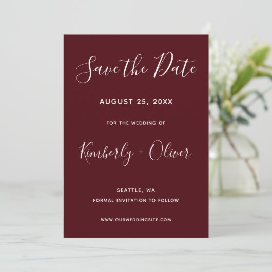 Burgundy Simple Calligraphy Save the Date (Staand voorkant)