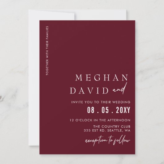 Burgundy Simple Elegant Modern Wedding Kaart (Voorkant)