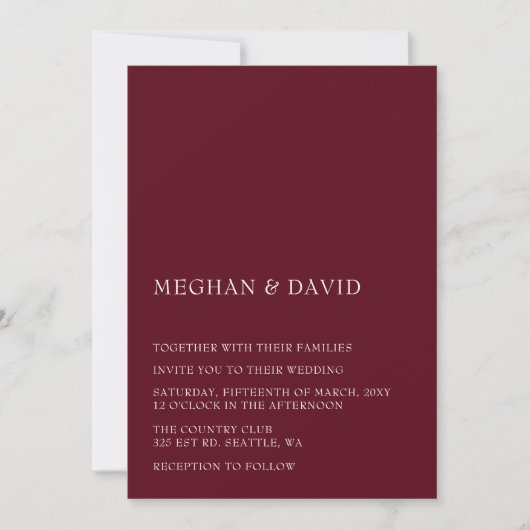 Burgundy Simple Elegant Modern Wedding Kaart (Voorkant)