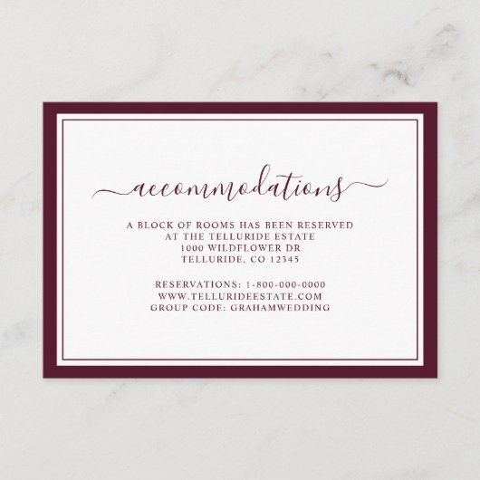 Burgundy Simple Elegant Script-accommodatie Informatiekaartje (Voorkant)