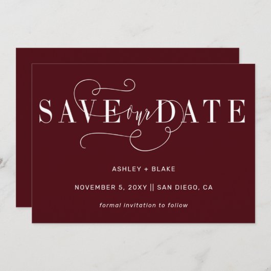 Burgundy Simple Handwrite Calligrafie Save The Date (Voorkant / Achterkant)