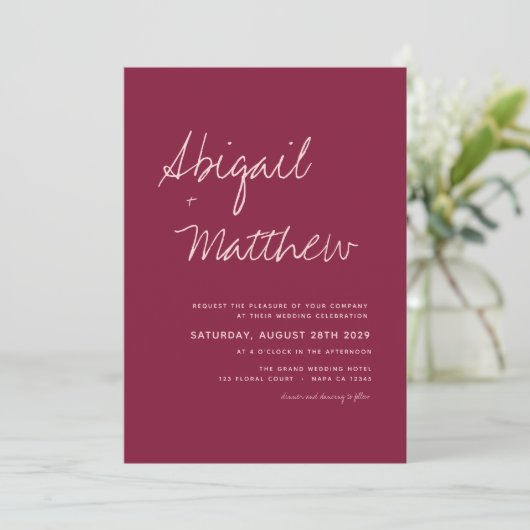 Burgundy Simple Minimalist Boho Photo Wedding Kaart (Staand voorkant)
