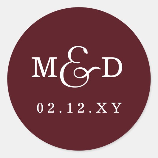 Burgundy Simple Modern Monogram Weddenschap Ronde Sticker (Voorkant)