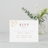 Burgundy Simple Monogram Leaves RSVP Gold Folie Uitnodiging Briefkaart (Staand Voorkant)