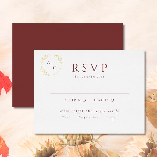 Burgundy Simple Monogram Leaves RSVP Gold Folie Uitnodiging Briefkaart