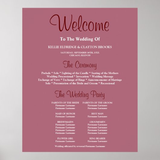 Burgundy Simple Wedding Ceremony Program Sign Poster (Voorkant)