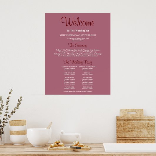 Burgundy Simple Wedding Ceremony Program Sign Poster (Keuken)
