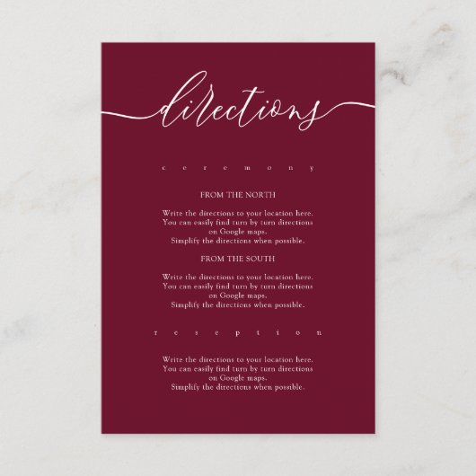 Burgundy Simple Wedding Directions Informatiekaartje (Voorkant)