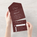 Burgundy Simple Wedding Modern Typography Romantic All In One Uitnodiging<br><div class="desc">Burgundy Red Romantic Wedding Winter,  Herfst,  Autumn Spring of Summer Wedding RSVP Uitnodigingen - omvat minimalistische mooie en elegante scripttypografie met een moderne,  eenvoudige en klassieke kleur voor de speciale dag van de bruiloft.</div>