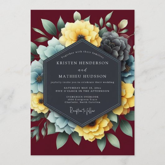 Burgundy & Slate Dramatic Bloom Wedding Kaart (Voorkant)