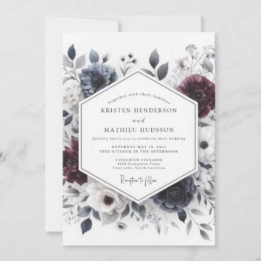 Burgundy & Slate Ethereal Bloom Wedding Kaart (Voorkant)