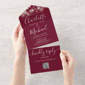 Burgundy Sliert Licht QR Code Monogram Bruiloft  All In One Uitnodiging (Afscheurbaar)
