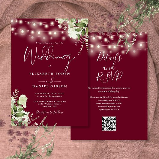 Burgundy Slingerlichten Bloem QR Code Trouwen Kaart