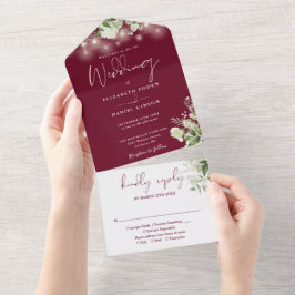 Burgundy slingerlichten groen monogram bruiloft all in one uitnodiging