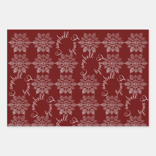 Burgundy Snowflake - kerstfamilienaam Inpakpapier Vel (Voorkant 3)