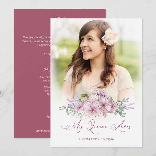 Burgundy Spaans Mis XV Años Foto Floral Garland (Voorkant / Achterkant)