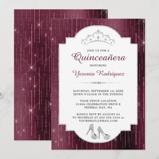 Burgundy Sparkle Diamond Tiara Quinceañera Kaart (Voorkant / Achterkant)