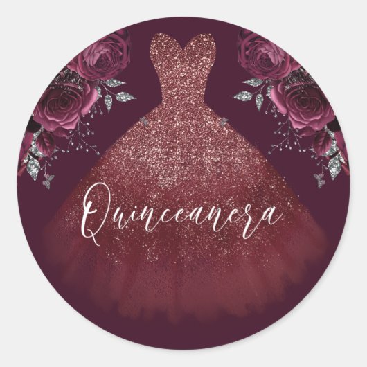 Burgundy Sparkle Dress & Floral Quinceanera Party Ronde Sticker (Voorkant)