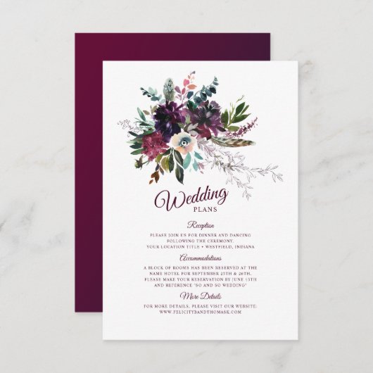 Burgundy Splendor Boho Floral Wedding Plans Informatiekaartje (Voorkant / Achterkant)