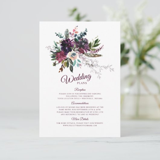 Burgundy Splendor Boho Floral Wedding Plans Informatiekaartje (Staand voorkant)