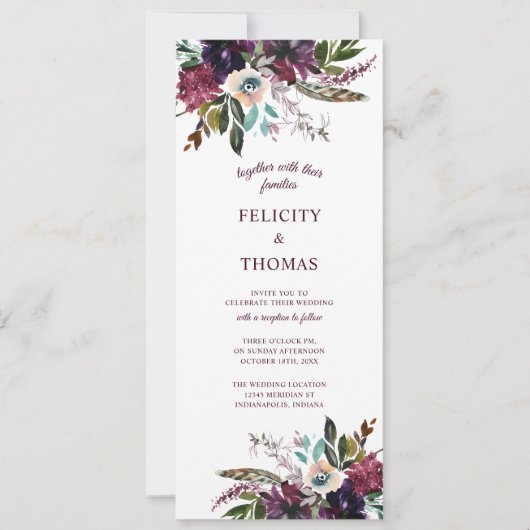 Burgundy Splendor Boho Florals White Wedding Kaart (Voorkant)