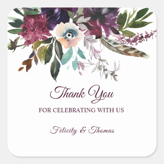 Burgundy Splendor Floral White Thank You Vierkante Sticker (Voorkant)