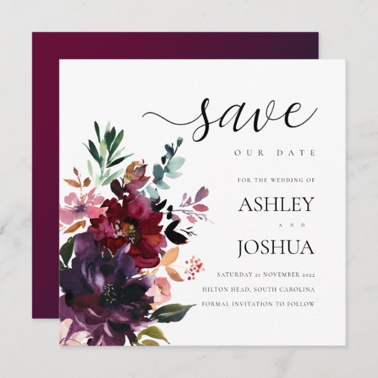 Burgundy Splendor Waterverf Floral Save the Date Kaart (Voorkant / Achterkant)