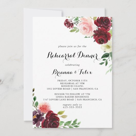 Burgundy Spring Calligraphy Rehearsal Dinner Kaart (Voorkant)