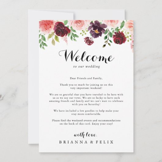 Burgundy Spring Calligraphy Wedding Welcome Letter (Voorkant)