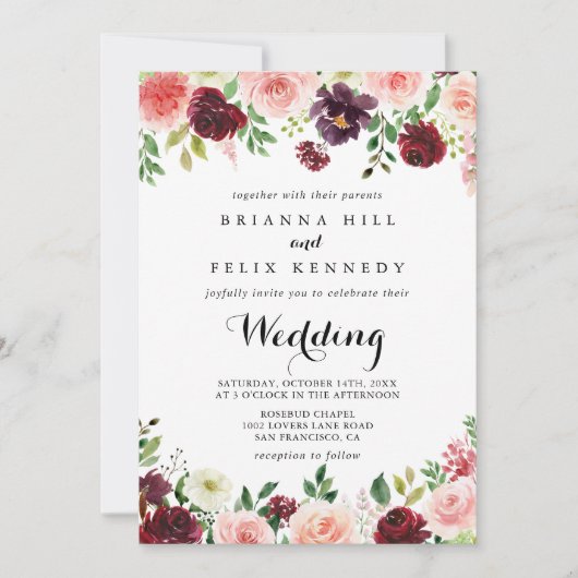 Burgundy Spring Floral Modern Calligraphy Wedding Kaart (Voorkant)