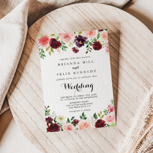 Burgundy Spring Floral Modern Calligraphy Wedding Kaart