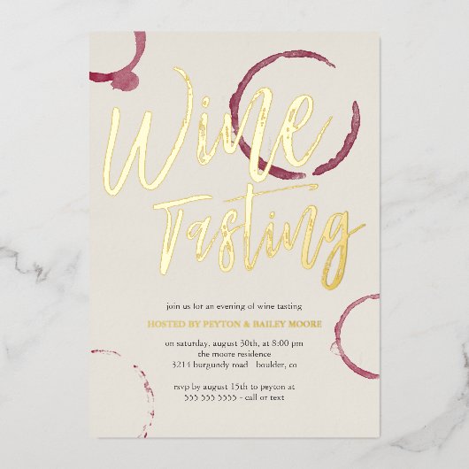 Burgundy Stains - Wine Tasting Party Gold Folie Uitnodiging (Voorkant)