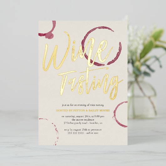 Burgundy Stains - Wine Tasting Party Gold Folie Uitnodiging (Staand Voorkant)