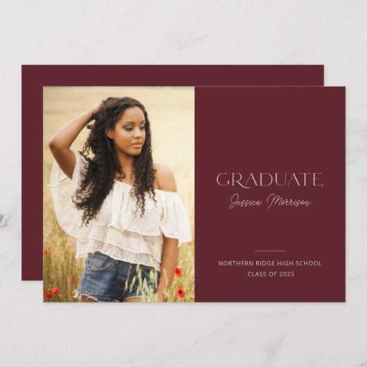 Burgundy Statement Name 1-Photo Graduparty Kaart (Voorkant / Achterkant)