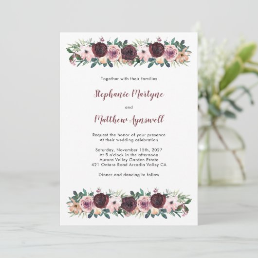 Burgundy Stof Roos Waterverf Bloemige Bruiloft Kaart (Staand voorkant)