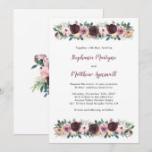 Burgundy Stof Roos Waterverf Bloemige Bruiloft Kaart (Voorkant / Achterkant)