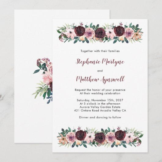 Burgundy Stof Roos Waterverf Bloemige Bruiloft Kaart (Voorkant / Achterkant)