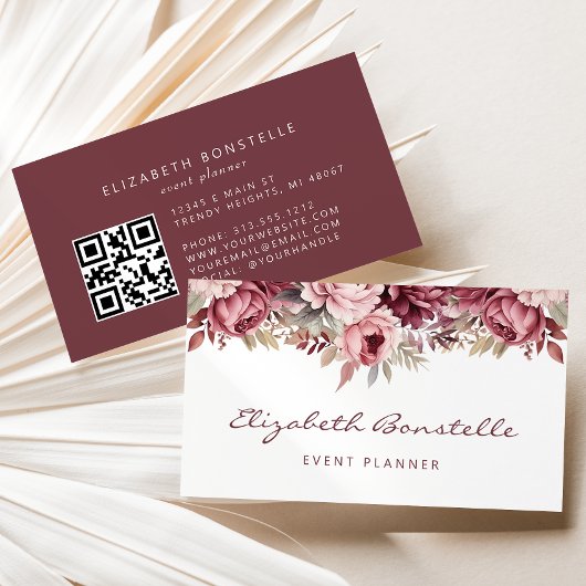Burgundy Stof Roze Waterverf Bloemencode QR-code Visitekaartje