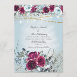 Burgundy Stofblauw Bloem Glitter Bruiloft Kaart