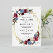 Burgundy Stofblauw Bloemengeometrisch Folie Uitnodiging (Staand Voorkant)