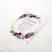 Burgundy Stofblauw Bloemengeometrisch Folie Uitnodiging (Gedraaid)