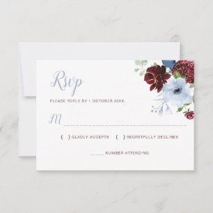 Burgundy stoffige blauwe bloemrijke RSVP kaart