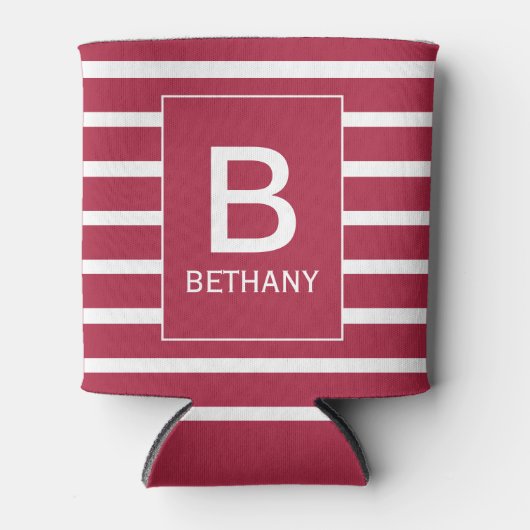 Burgundy Striped Personalised Monogram Blikjeskoeler (Voorkant)