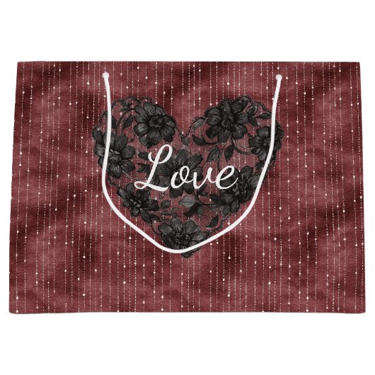 Burgundy Stripes Black Faux Lace Floral Heart Groot Cadeauzakje (Voorkant)