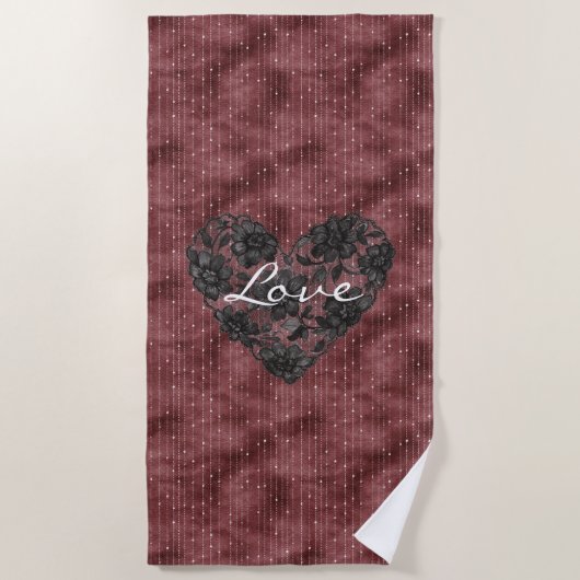 Burgundy Stripes Black Faux Lace Floral Heart  Strandlaken (Voorkant)