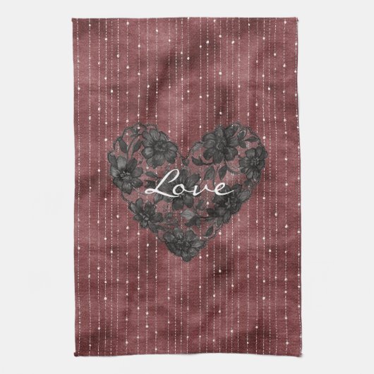 Burgundy Stripes Black Faux Lace Floral Heart  Theedoek (Verticaal)