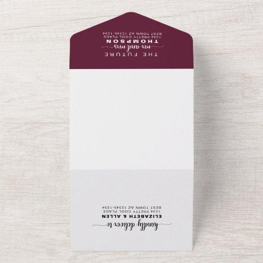 Burgundy Stylish Modern Wedding Photo Custom RSVP All In One Uitnodiging (Buitenkant)