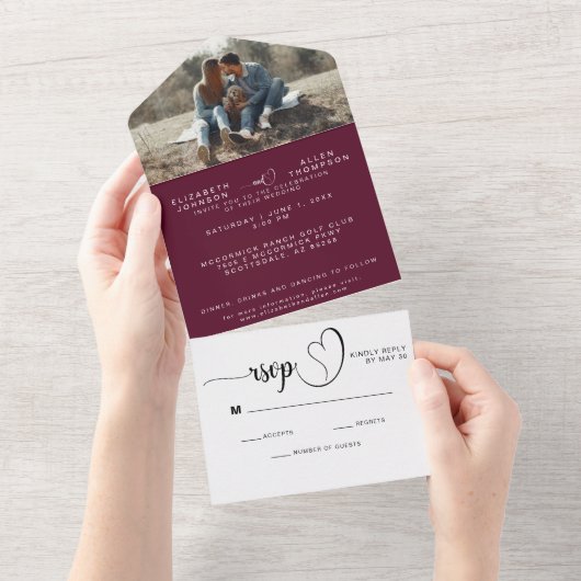 Burgundy Stylish Modern Wedding Photo Custom RSVP All In One Uitnodiging (Afscheurbaar)