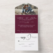 Burgundy Stylish Modern Wedding Photo Custom RSVP All In One Uitnodiging (Binnen)